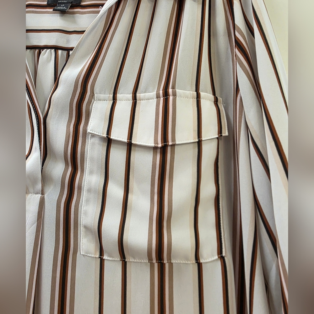 Ann Taylor Factory White and Brown Striped Casual Button Down Shirt LP - Picture 4 of 8